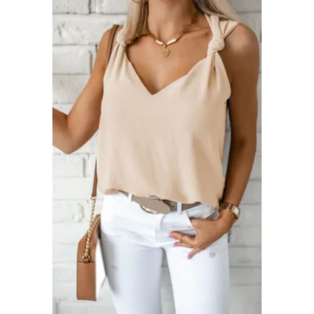 SHEWIN WOMEN WHITE V NECK KNOTTED SHOULDER SLEEVELESS TOP.